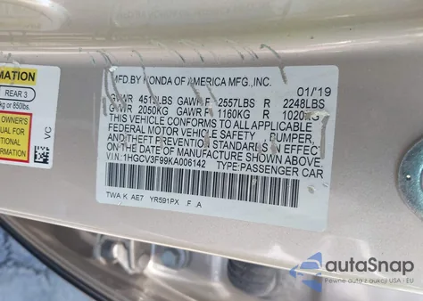 2019 Honda Accord Hybrid Touring from USA, damaged, VIN 1HGCV3F99KA006142